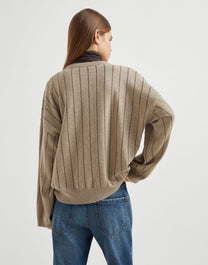 Brunello Cucinelli Women's Cashmere Sweater with Dazzling Chalk Stripe Embroidery