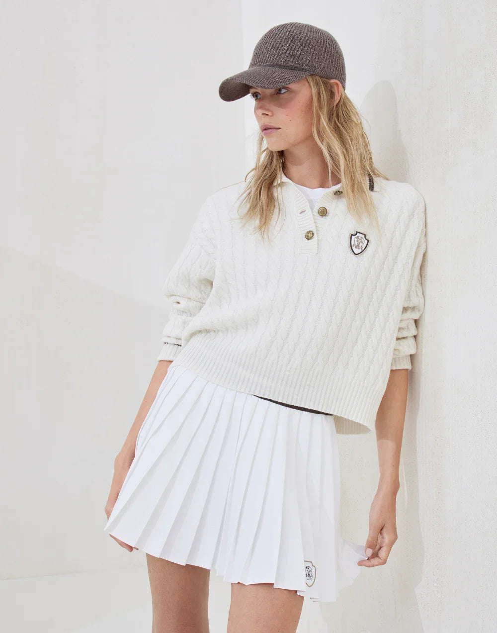 Brunello Cucinelli Women's Cashmere Cable Knit Polo Shirt with Logo and Metal Buttons