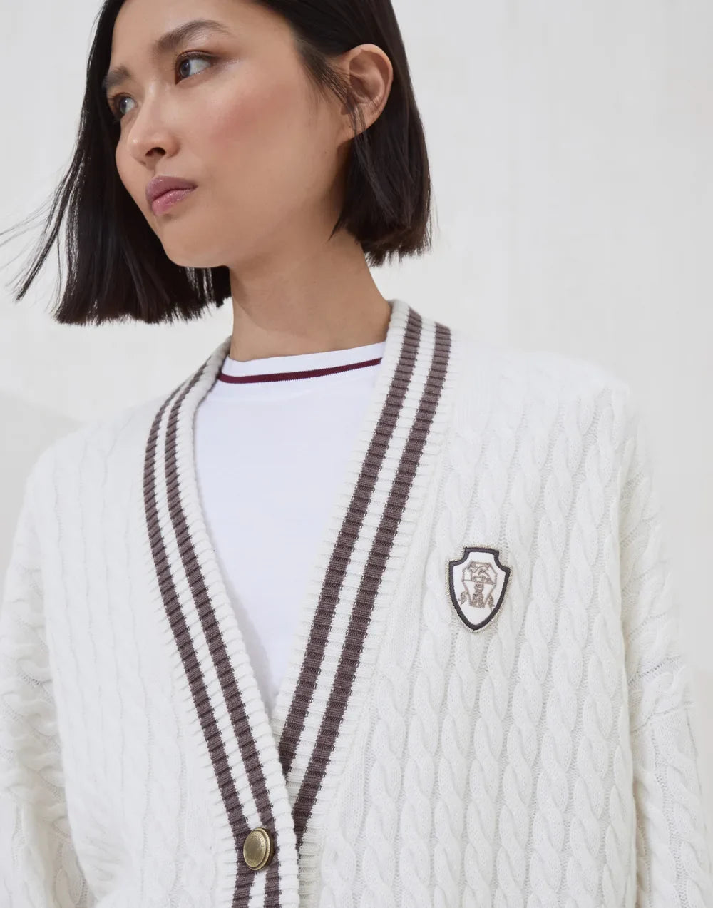 Brunello Cucinelli Women's Cashmere Cable Knit Cardigan with Logo and Metal Buttons