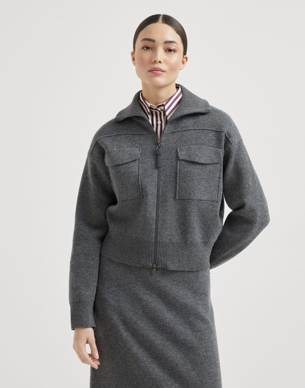 Brunello Cucinelli Women's Cashmere Double Knit Cardigan with Shiny Zipper Pull