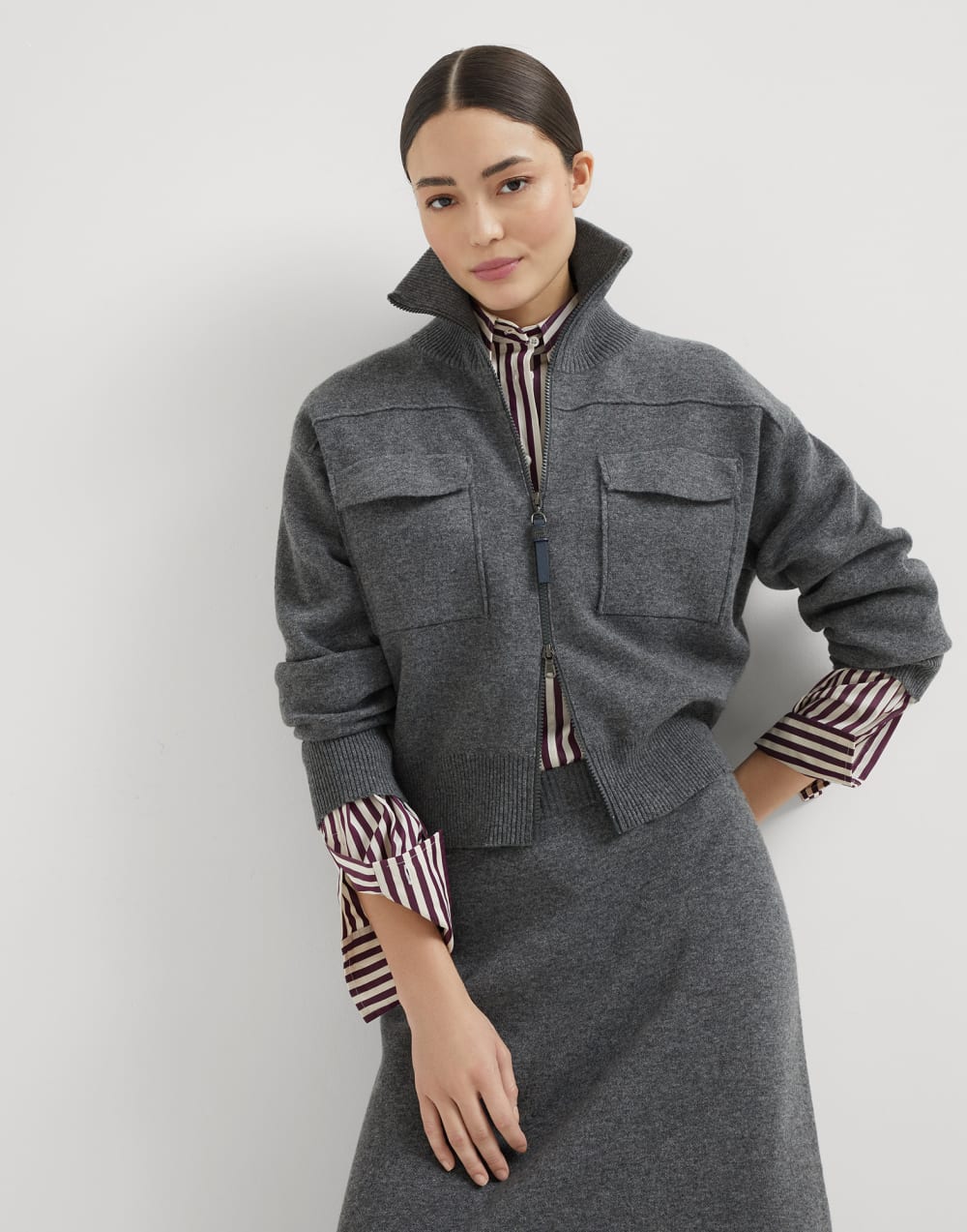 Brunello Cucinelli Women's Cashmere Double Knit Cardigan with Shiny Zipper Pull