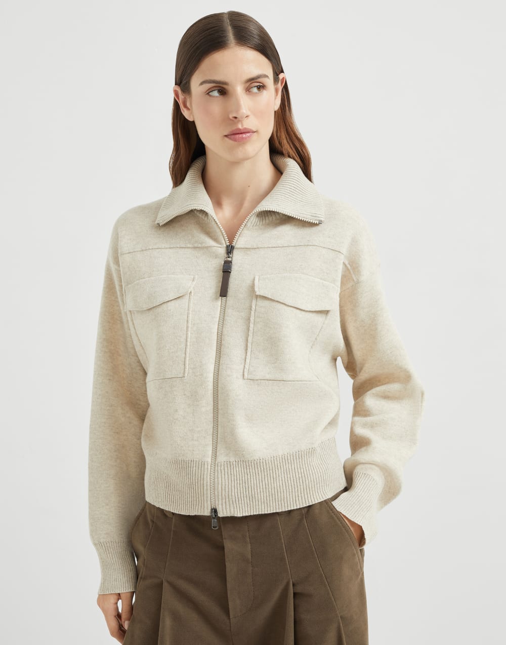 Brunello Cucinelli Women's Cashmere Double Knit Cardigan with Shiny Zipper Pull