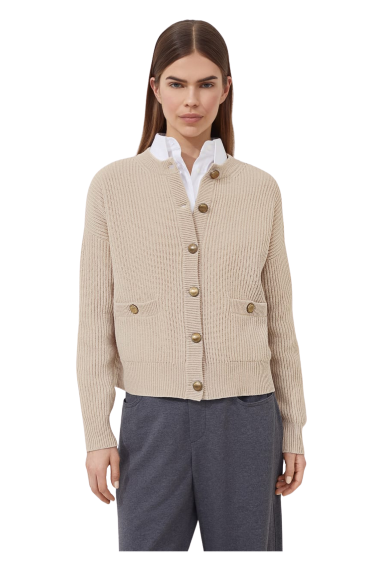 Brunello Cucinelli Women's Virgin Wool, Cashmere and Silk English Rib Cardigan with Metal Buttons