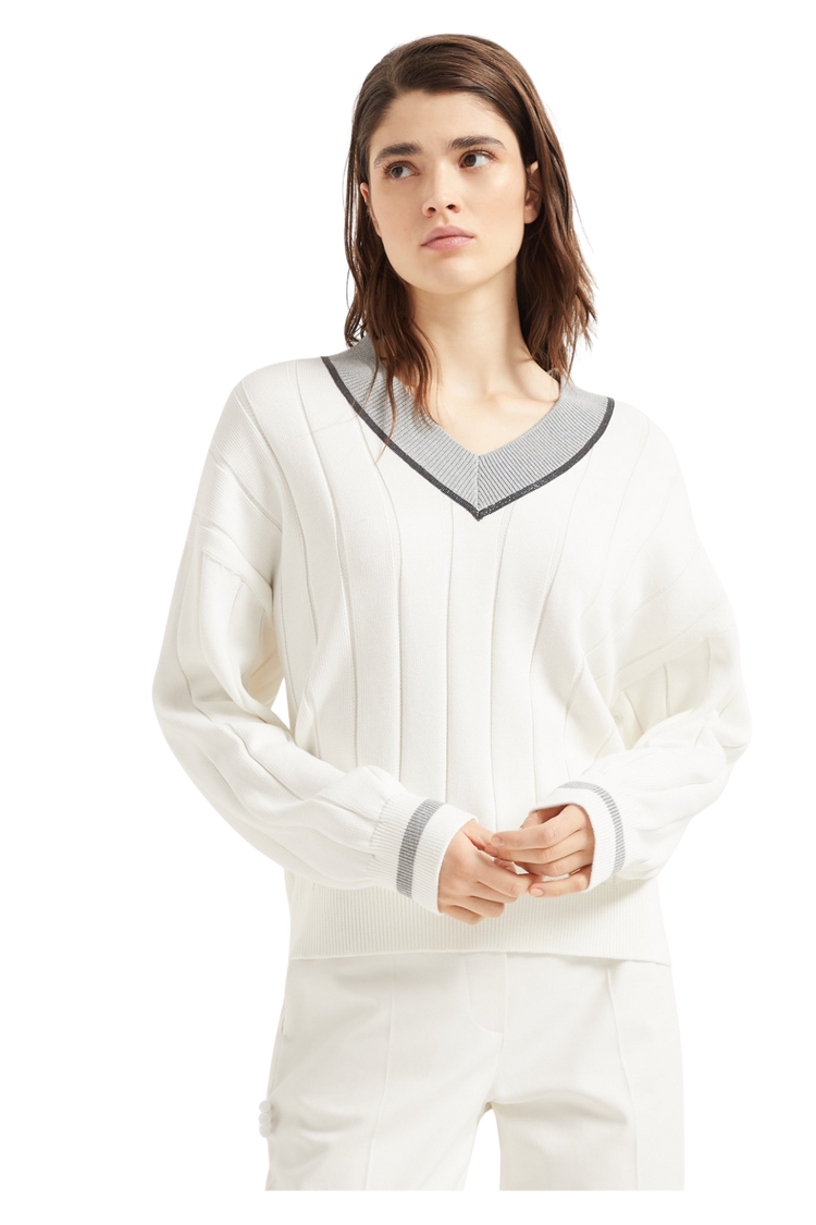 Brunello Cucinelli Women's Cotton Flat Rib Sweater with Precious Neckline