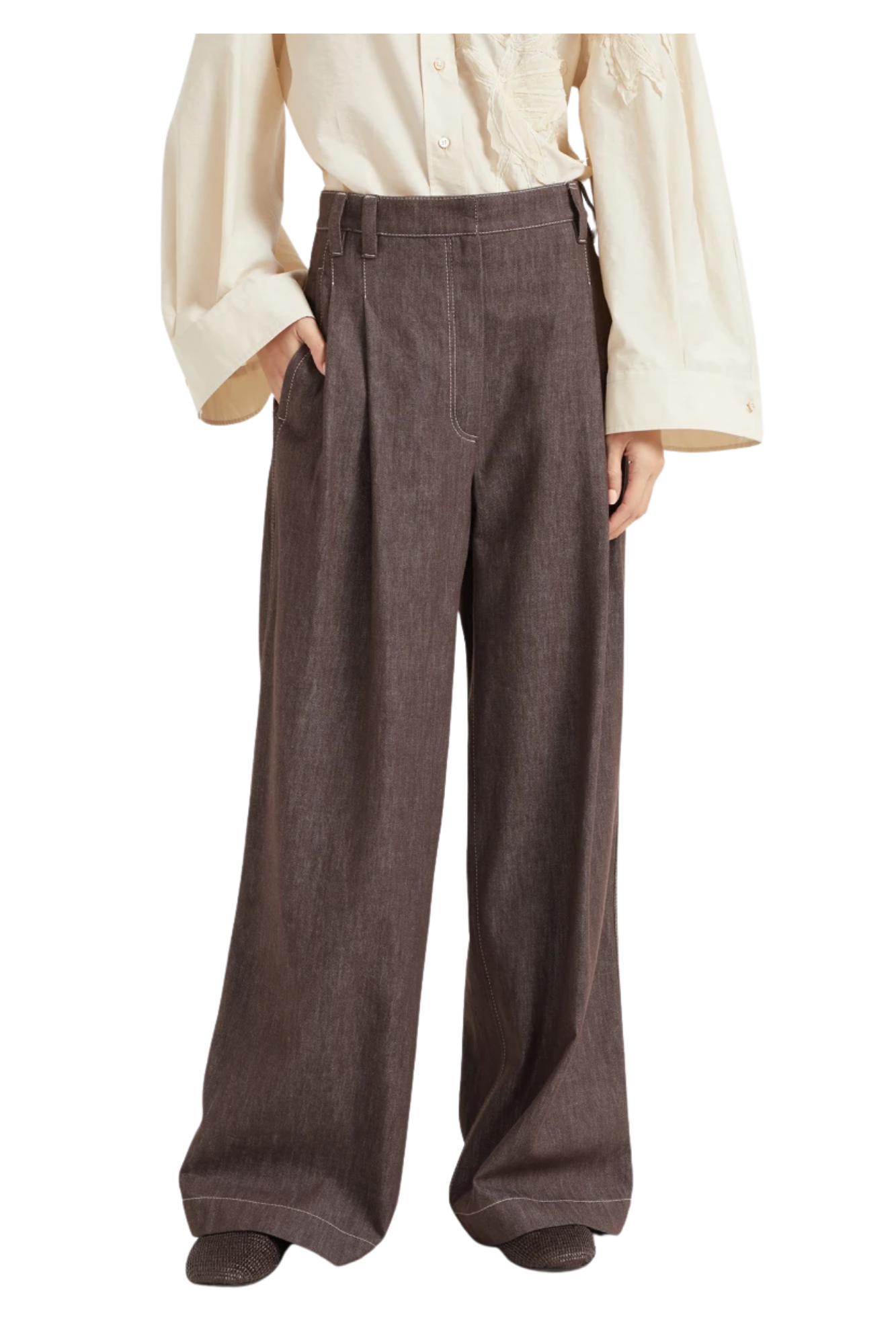 Brunello Cucinelli Women's Denim-effect Twill Smart Wide Trousers With Monili