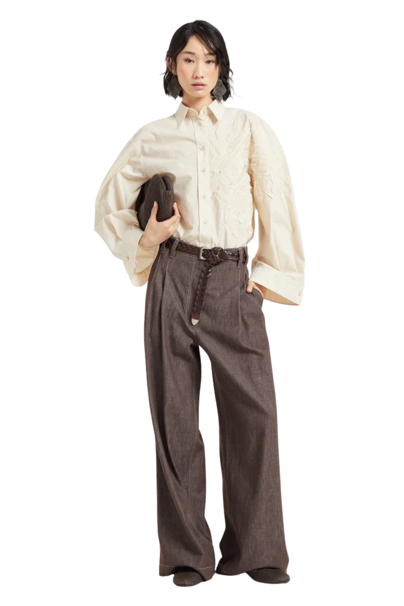 Brunello Cucinelli Women's Denim-effect Twill Smart Wide Trousers With Monili