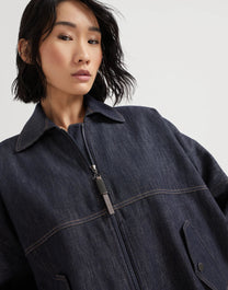 Brunello Cucinelli Women's Denim-effect Twill Bomber Jacket with Shiny Zipper Pull