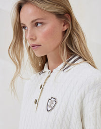 Brunello Cucinelli Women's Cashmere Cable Knit Polo Shirt with Logo and Metal Buttons