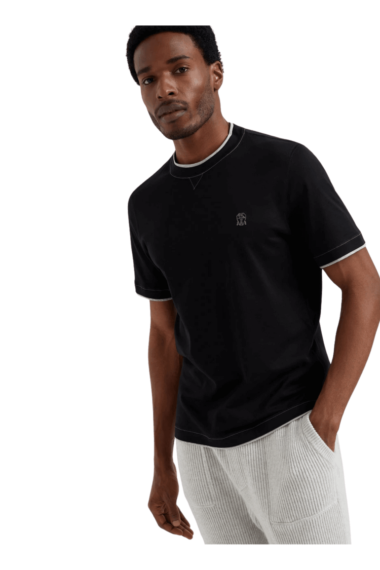 Brunello Cucinelli Men's Cotton Jersey Crew Neck T-shirt With Logo and Faux-layering
