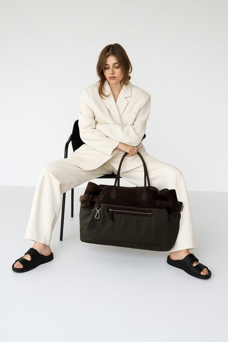 The Row Margaux 17 Inside-Out Buckled Leather Canvas Tote Bag
