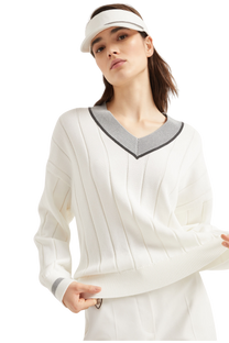 Brunello Cucinelli Women's Cotton Flat Rib Sweater with Precious Neckline