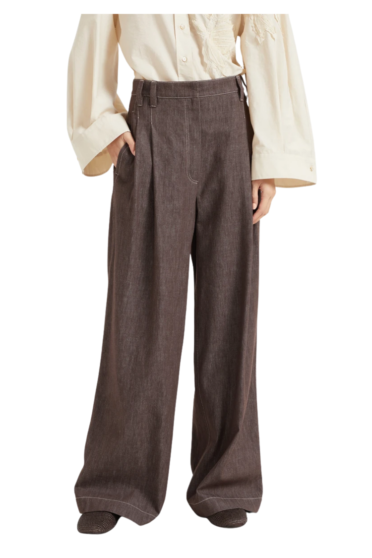 Brunello Cucinelli Women's Denim-effect Twill Smart Wide Trousers With Monili