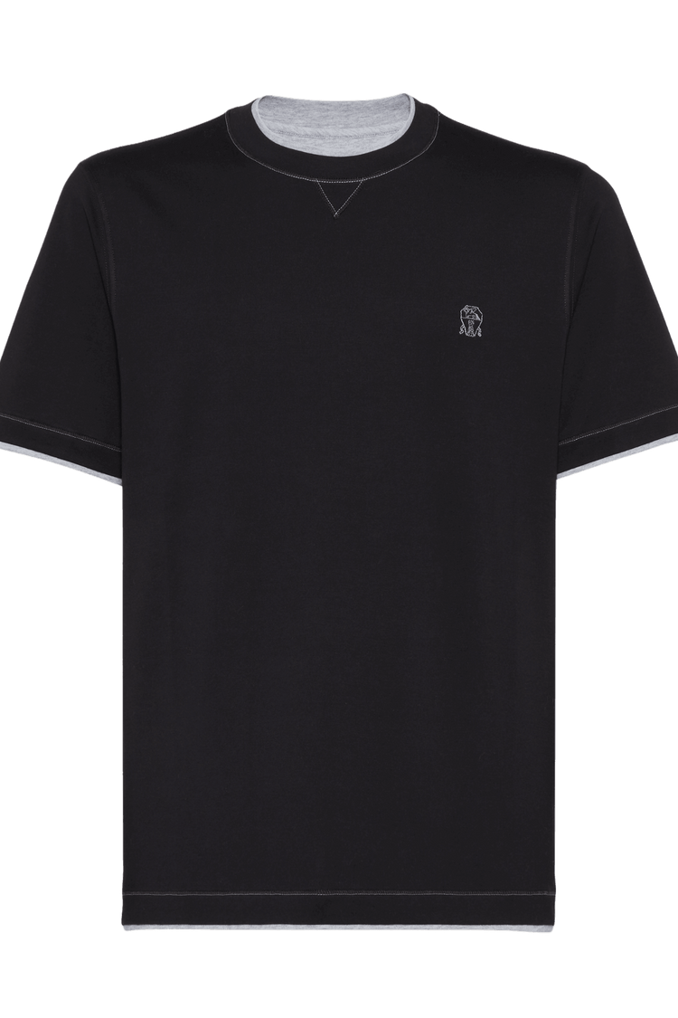 Brunello Cucinelli Men's Cotton Jersey Crew Neck T-shirt With Logo and Faux-layering